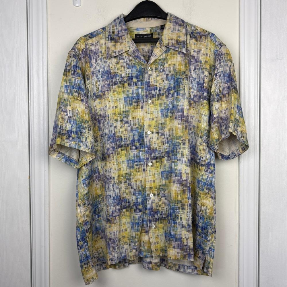 VTG Jhane Barnes Mens XL Silk Short Sleeve Shirt Yellow Blue Abstract Geometric - Picture 3 of 9